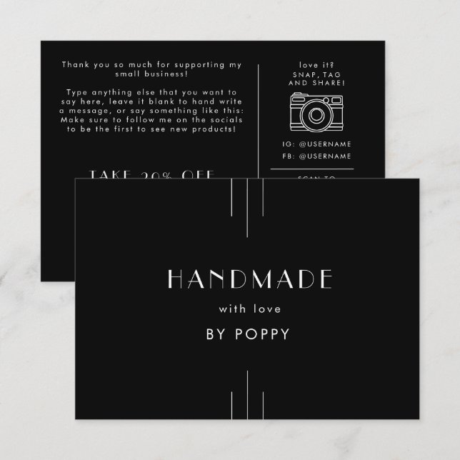 Carte D'accompagnement EVERLY Black Handmade with Love Thank You Order (Devant / Derrière)