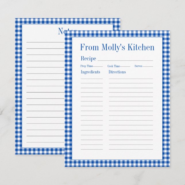 Carte D'accompagnement Farmhouse bleu et blanc En vichy Plaid Recette (Devant / Derrière)