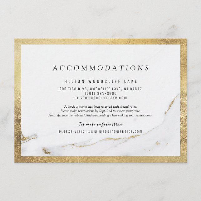 Carte D'accompagnement Faux doré marbre moderne mariage hébergement (Devant)