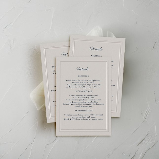 Carte D'accompagnement Faux Embossés Double Cadre Formel Détails du Maria (coastal wedding details card faux embossed double frame modern classic elegant formal nautical)