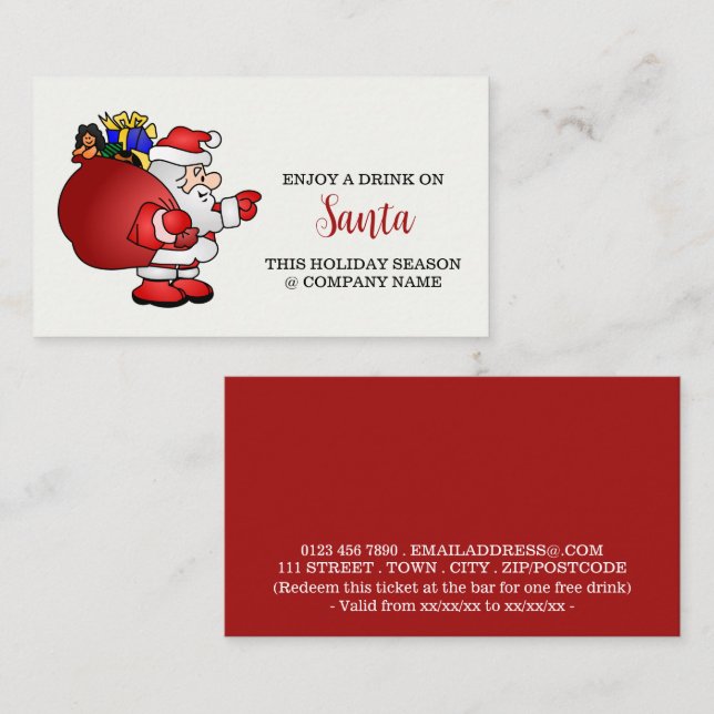 Carte D'accompagnement Festive - Père Noël Sack - Billet boisson (Devant / Derrière)