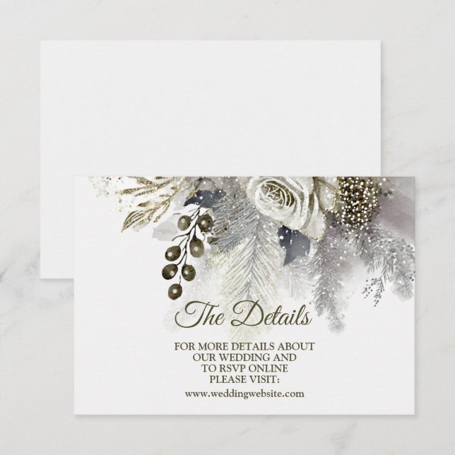 Carte D'accompagnement Fête de mariage Argent Golden White Roses Fleurs (Devant / Derrière)
