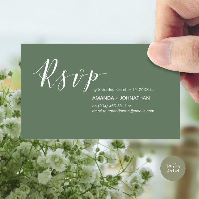 Carte D'accompagnement Fête de mariage moderne RSVP, dans Forest Sage Gre (Modern Wedding RSVP Invitation Card, Online reply, Email or phone, in forest sage green)