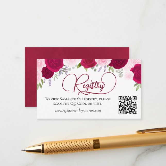 Carte D'accompagnement Fête des mariées Magenta Rose Roses Code QR (Devant/Arrière en situation)