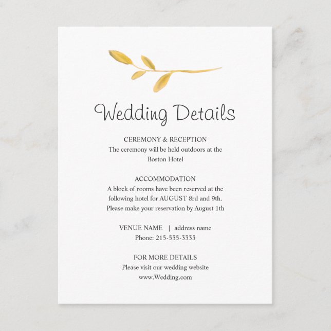 Carte D'accompagnement Feuille d'or simple. Beautiful Mariage Détails Inf (Devant)