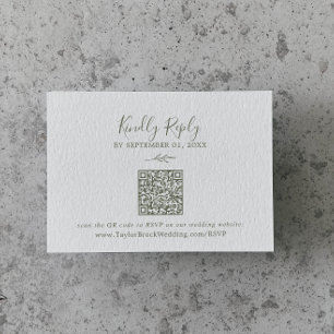 Carte D'accompagnement Feuille minimale   Olive Green QR Code Mariage RSV