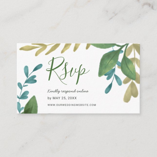 Carte D'accompagnement Feuilles de thé en ligne de mariage d'aquarelle de (Devant)
