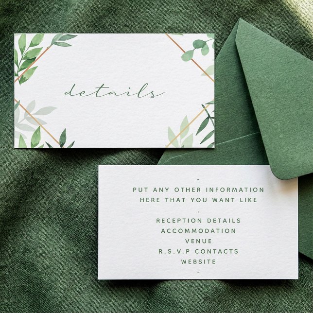 Carte D'accompagnement Feuilles verts, bordure en or, détails mariage (Green leaves, gold border, details wedding enclosure card.)