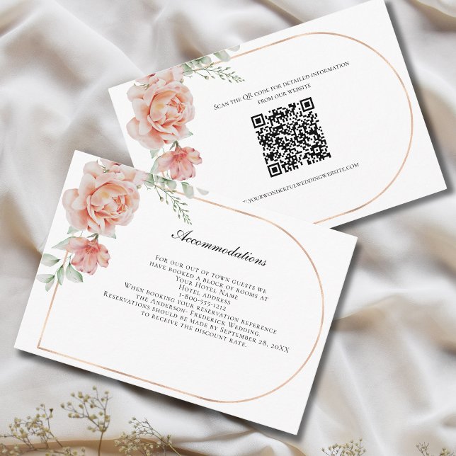 Carte D'accompagnement Fiche de boîtier Détails du Mariage Floral Peach (Peach Floral Rose Gold Blush Pink Wedding Details Accommodations enclosure card)