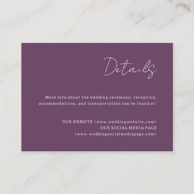 Carte D'accompagnement Fiche de boîtier Détails du Mariage violet (Devant)