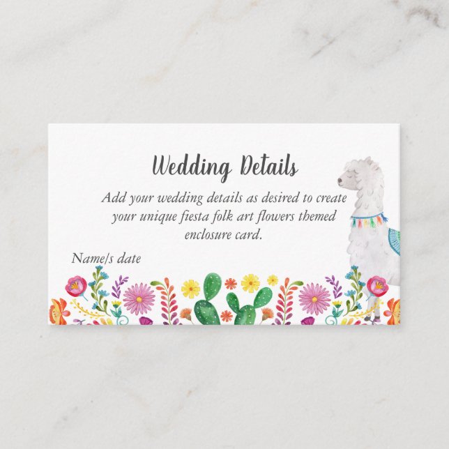 Carte D'accompagnement Fiesta Folk Art Floral Llama Mariage personnalisab (Devant)