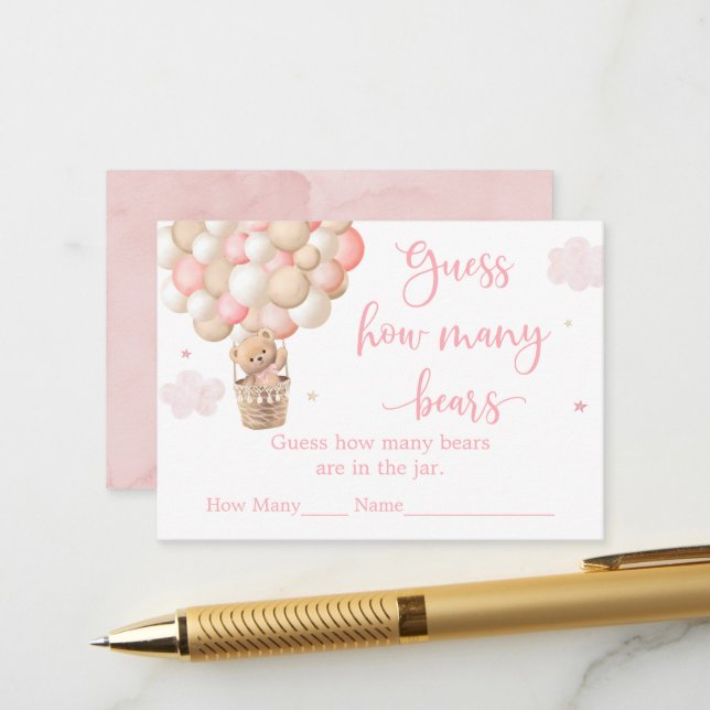 Carte D'accompagnement Fille Rose Teddy Ours Baby shower Devinez Combien (Devant/Arrière en situation)