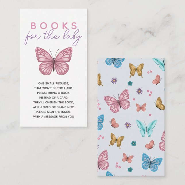 Carte D'accompagnement Filles Baby shower Papillon rose Livres Pour Bébé (Devant / Derrière)