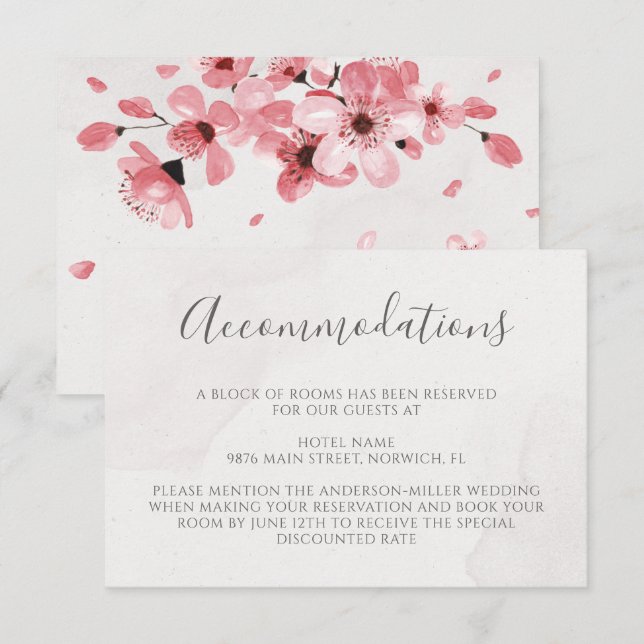 Carte D'accompagnement Fleur de cerisier rose Mariage Floral Hébergements (Devant / Derrière)