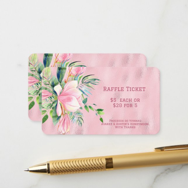 Carte D'accompagnement Fleur de magnolia rose sur un billet de tombola à  (Devant/Arrière en situation)
