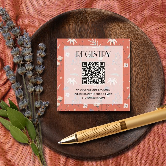 Carte D'accompagnement Fleur sauvage Baby shower Terracotta Code QR (Wildflowers on terracotta baby shower registry QR code enclosure cards)