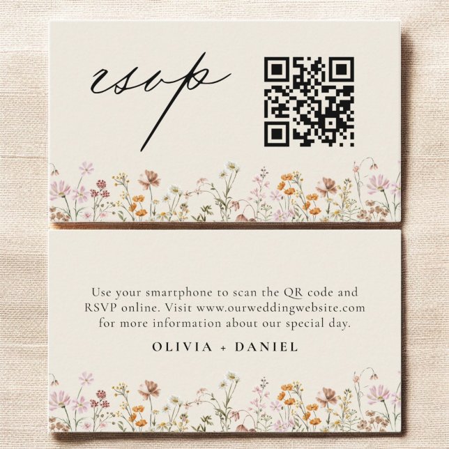 Carte D'accompagnement Fleur sauvage Boho Crème RSVP QR Code Mariage (Créateur téléchargé)