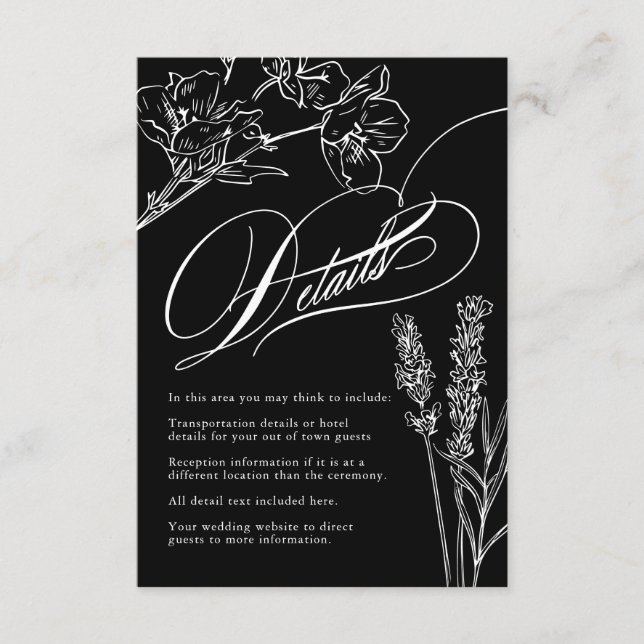 Carte D'accompagnement Fleur sauvage Elegant Gothique Détails du Mariage (Devant)