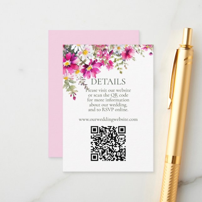 Carte D'accompagnement Fleur sauvage rose vif QR Code Détails du Mariage (Devant/Arrière en situation)