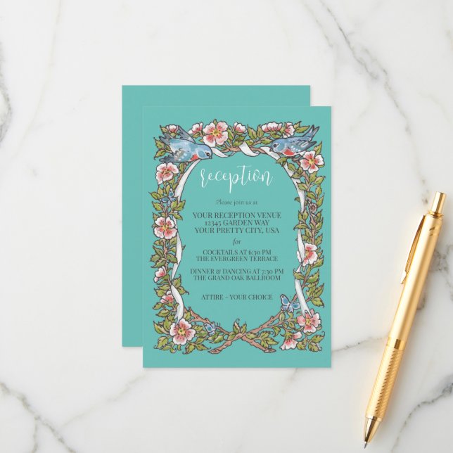 Carte D'accompagnement Fleur sauvage turquoise Bird Rose Frontière Récept (Devant/Arrière en situation)