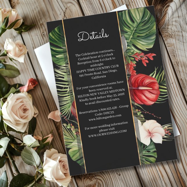 Carte D'accompagnement Fleur tropicale et détails feuille de mariage fonc (Créateur téléchargé)