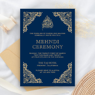 Carte D'accompagnement Fleurie Orné Bleu et Or Islamique Musulman Mehndi