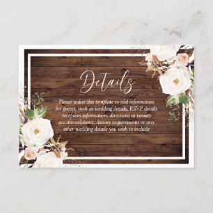 Carte D'accompagnement Fleurs blanches et bleues Mariage en bois rustique