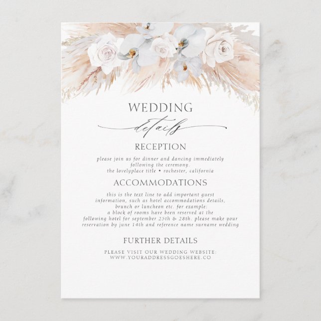 Carte D'accompagnement Fleurs blanches Pampas exotiques Grass Mariage Dét (Devant)