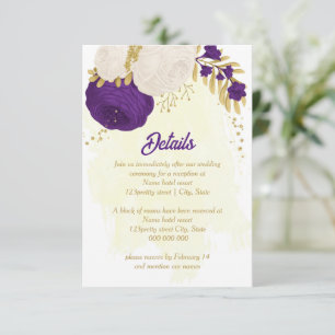 Carte D'accompagnement fleurs blanches royales violettes or mariage botan