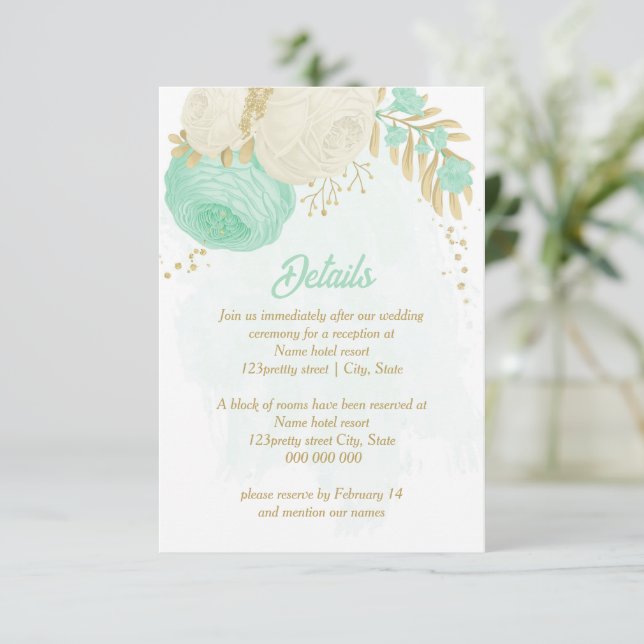 Carte D'accompagnement fleurs blanches vert menthe or mariage (Debout devant)