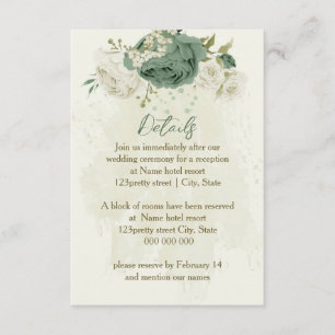 Carte D'accompagnement fleurs blanches vert sauge détails mariage