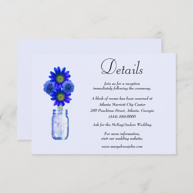 Carte D'accompagnement Fleurs bleues Mason Jar Détails du Mariage (Devant / Derrière)