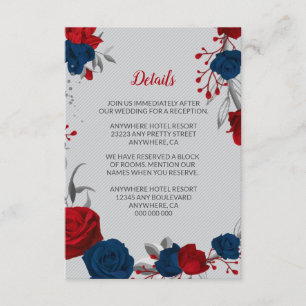 Carte D'accompagnement Fleurs bleues rouges et marines argent détails feu