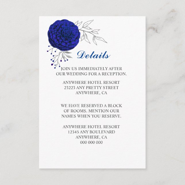 Carte D'accompagnement fleurs bleues royales argent détails feuilles (Devant)