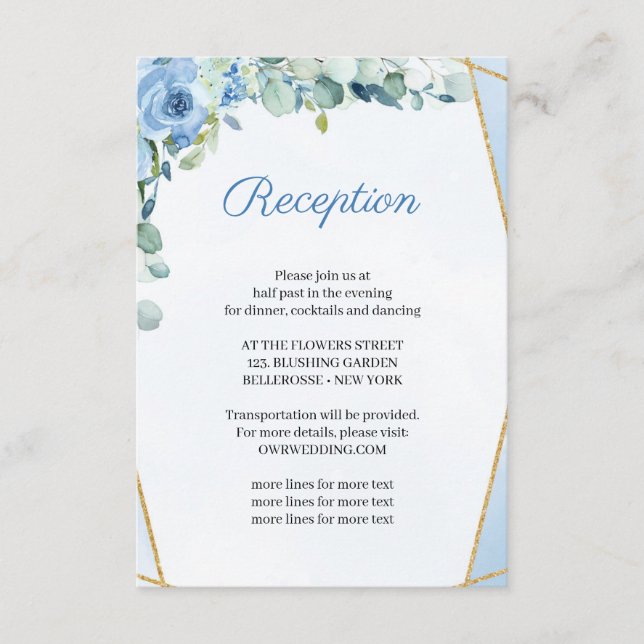 Carte D'accompagnement Fleurs BLue Rustiques Gold Frame Réception de mari (Devant)