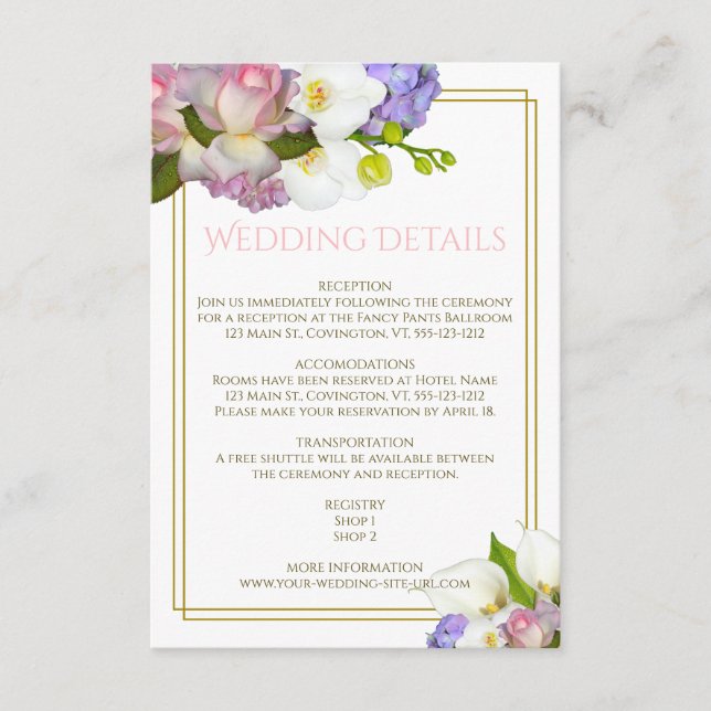 Carte D'accompagnement Fleurs de bouquet de printemps Mariage or et rose (Devant)