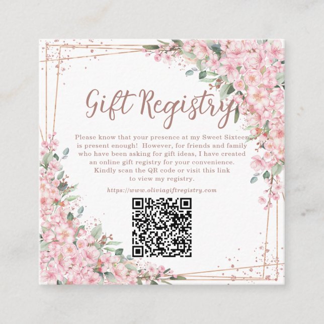 Carte D'accompagnement Fleurs de cerisier Rose Gold Sweet Seize QR Cadeau (Devant)
