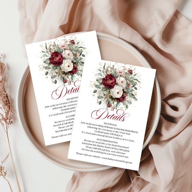 Carte D'accompagnement Fleurs de feuillage rouge profond élégant avec dét (Stylish Deep Red Floral Greenery Gold Details Enclosure)