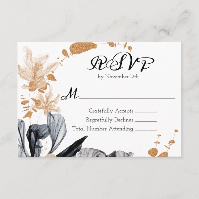 Carte D'accompagnement Fleurs de fumée noire et or Mariage RSVP (Devant)