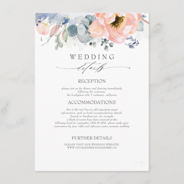 Carte D'accompagnement Fleurs de pêche Dusty Blue Informations Mariage (Devant)