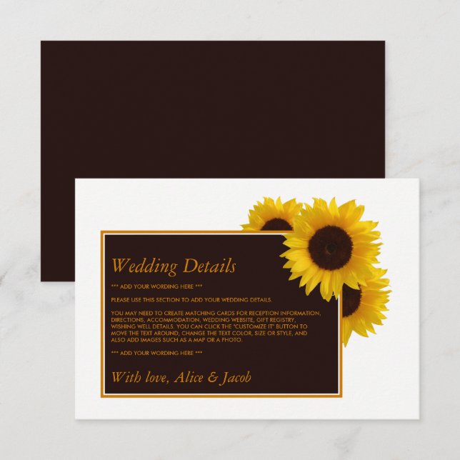 Carte D'accompagnement Fleurs de soleil rustiques - Floral Mariage Détail (Devant / Derrière)