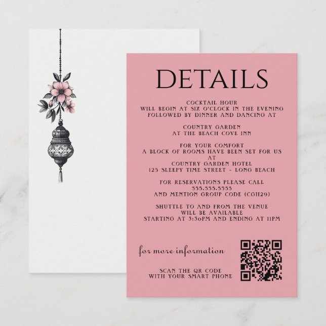 Carte D'accompagnement Fleurs et lanternes roses (Devant / Derrière)
