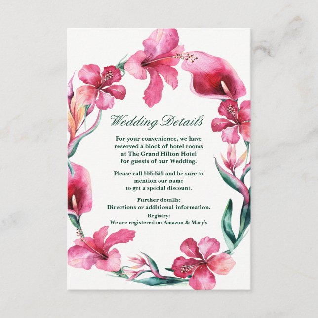 Carte D'accompagnement Fleurs hawaïennes tropicales Détails de mariage él (Devant)