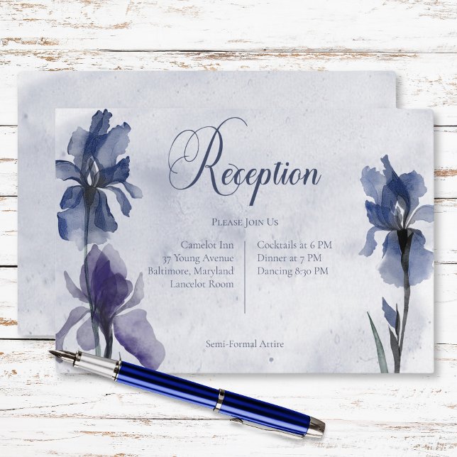 Carte D'accompagnement Fleurs Iris Bleu Mariage Réception Moderne Bleu (Blue Iris Flowers Wedding Blue Modern Reception Enclosure Card)