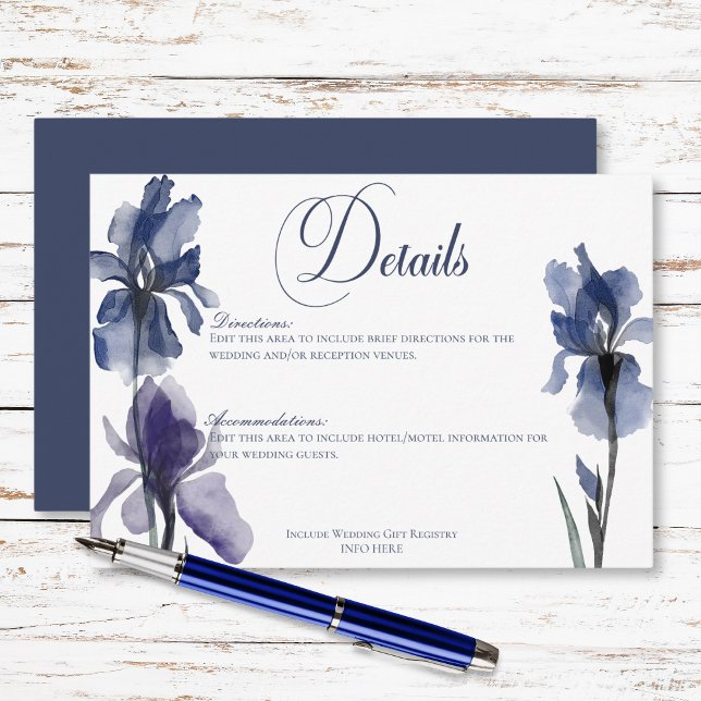 Carte D'accompagnement Fleurs Iris Bleues Détails Mariage moderne (Blue Iris Flowers Modern Wedding Details Enclosure Card)
