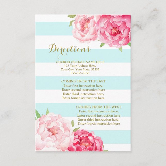 Carte D'accompagnement Fleurs roses Aqua Stripes Mariage Direction Insert (Devant)