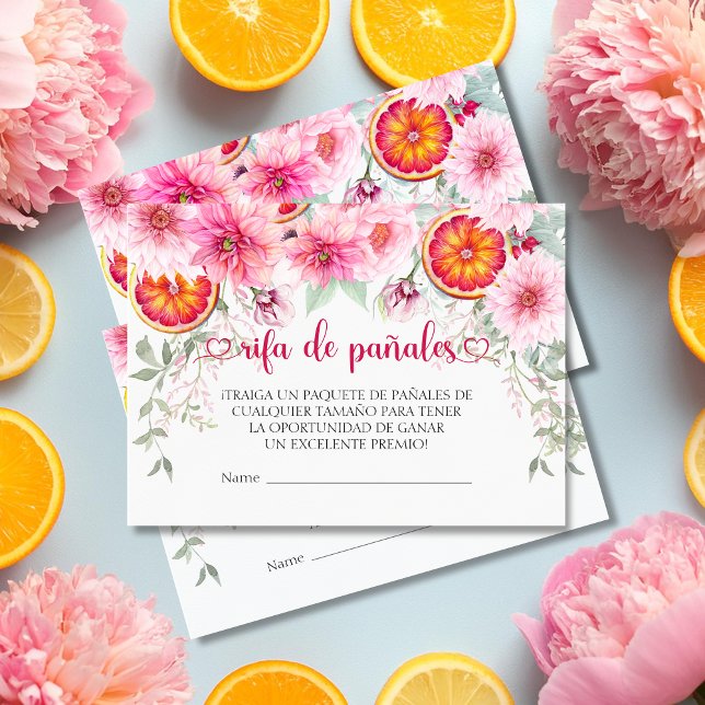 Carte D'accompagnement Fleurs roses Espagnol Baby shower de calamars (Citrus & Pink Watercolor Flowers baby shower Spanish diaper raffle enclosure cards)