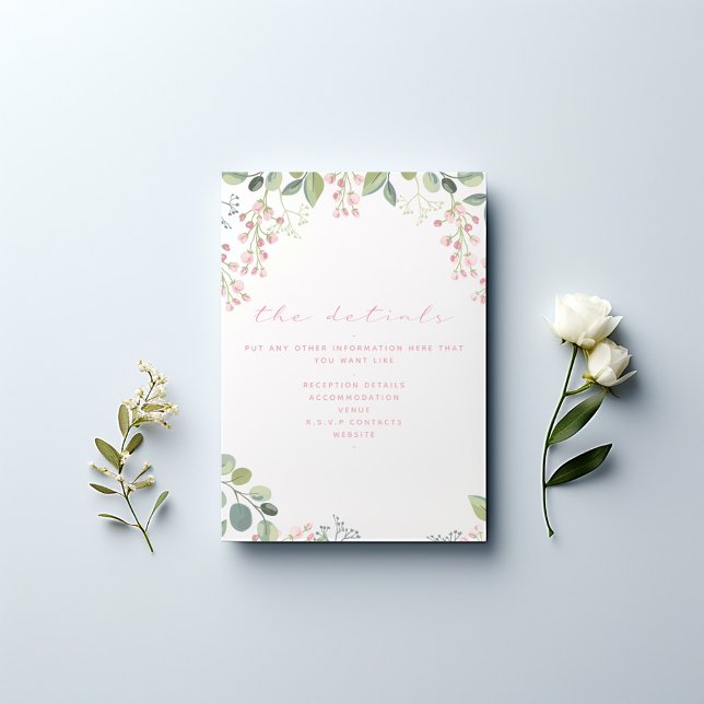 Carte D'accompagnement Fleurs roses et vertes, élégants détails (Pretty wedding the details information card with pink flowers and olive branches.)
