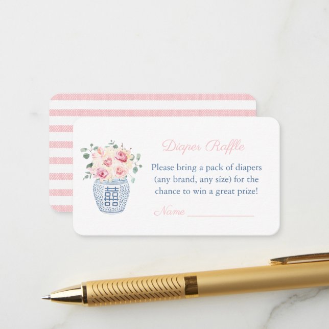 Carte D'accompagnement Fleurs roses Ginger Jar Déchets Baby shower Raffle (Devant/Arrière en situation)