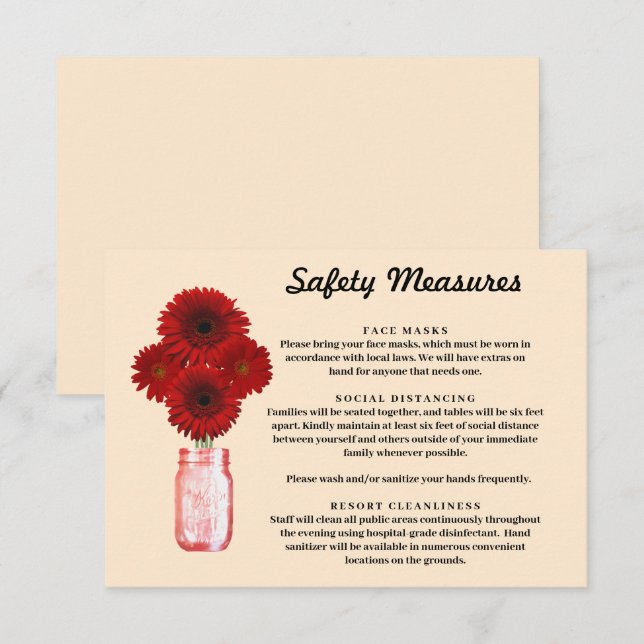 Carte D'accompagnement Fleurs rouges Mesures de sécurité des jarres Mason (Devant / Derrière)